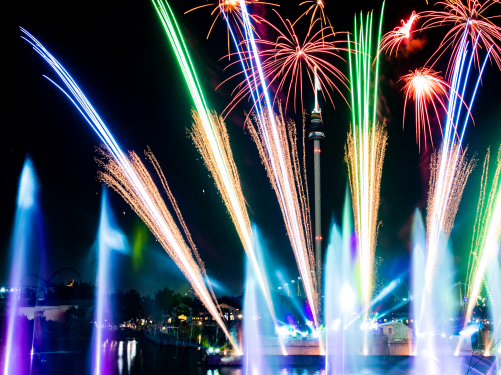 SeaWorld Orlando IGNITE fireworks and drone show over the central lake on the 4th of July 2026